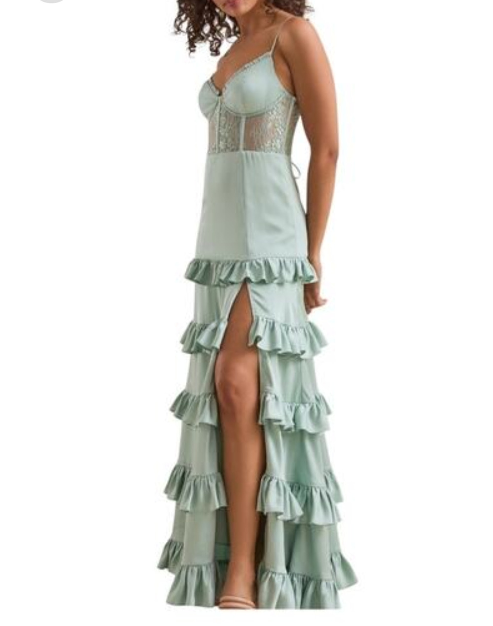 Altar'd State Malinda green satin corset lace ruffle maxi dress Size XL Coquette